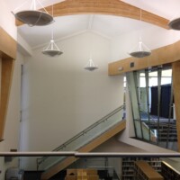The Kutler Center contains three new classrooms and a mezzanine collaborative area. The Harvard-Westlake interdisciplinary studies office will also be located here (the blue curtain in the back/right is temporary addition awaiting the installation of bamboo etched glass).